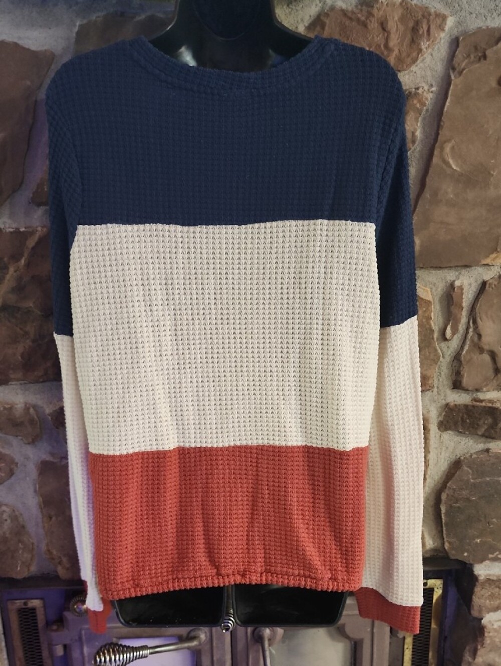 Waffle Knit Colorblock Button Front Pullover - Navy/Ivory/Rust - Picture 6 of 7